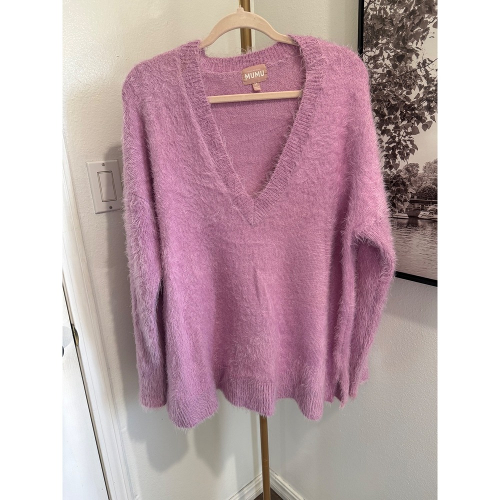Show Me Your Mumu Cozy Forever Sweater Pretty Pink Fuzzy‎ V-Neck Pullover Medium